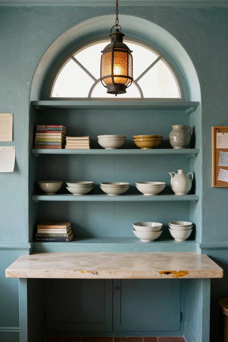 Teal-painted interior with built-in wooden shelves displaying stacked white bowls, books, and pottery, a hanging lantern pendant above an arched window, marble countertop below, and tiled floor.