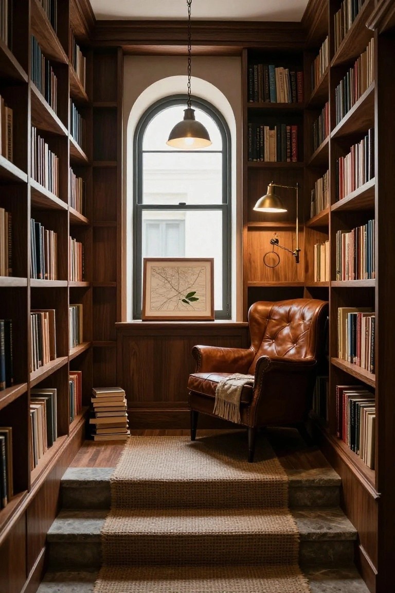 Wood-paneled library interior with floor-to-ceiling bookshelves on both sides, orange leather armchair with throw, stacked books nearby, brass pendant lamp overhead, swing-arm wall lamp, arched window, and framed map on wall.