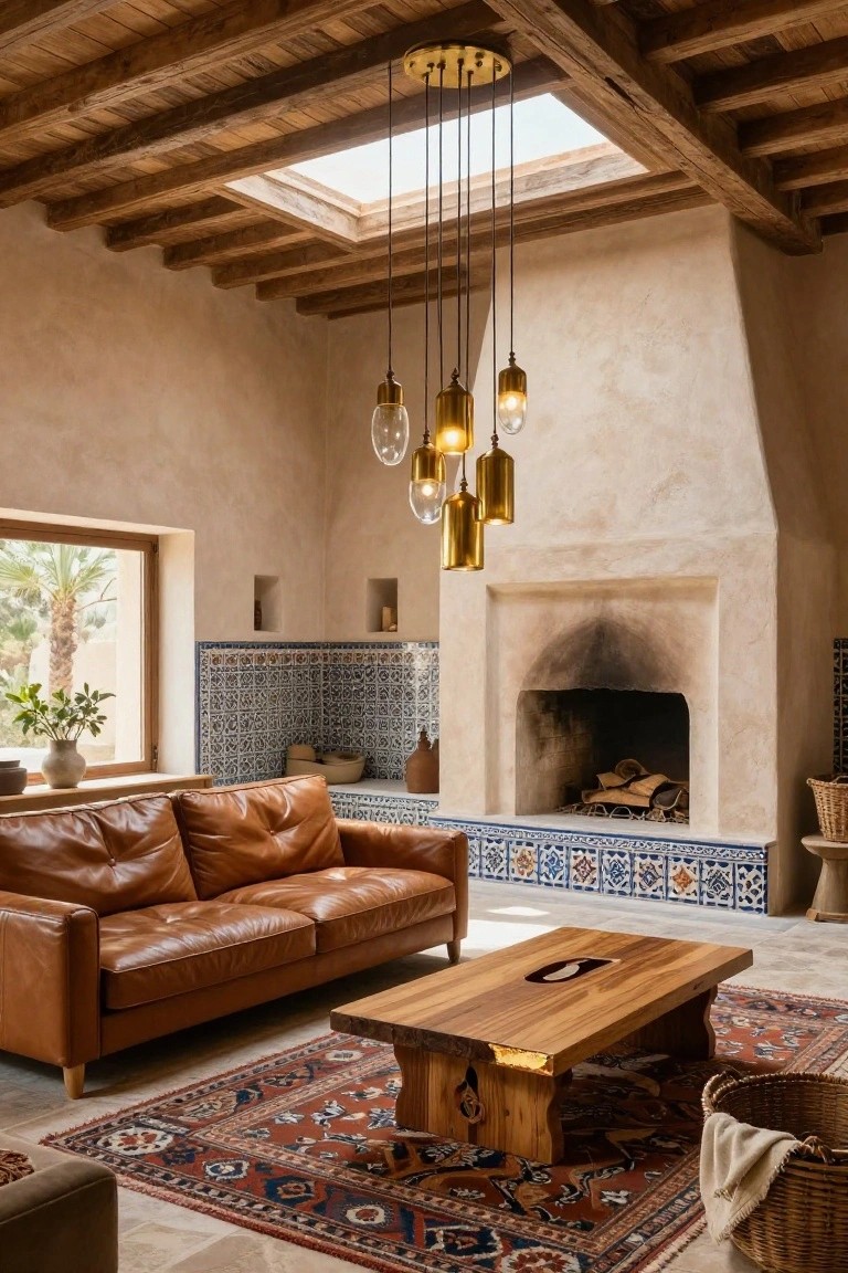 A Mediterranean-style living room with exposed wooden beams, a large gold multi-pendant chandelier with blown glass shades, tan leather sofa, wooden coffee table, red and blue Persian rug, fireplace with blue tiled surround, and window showing palm trees.