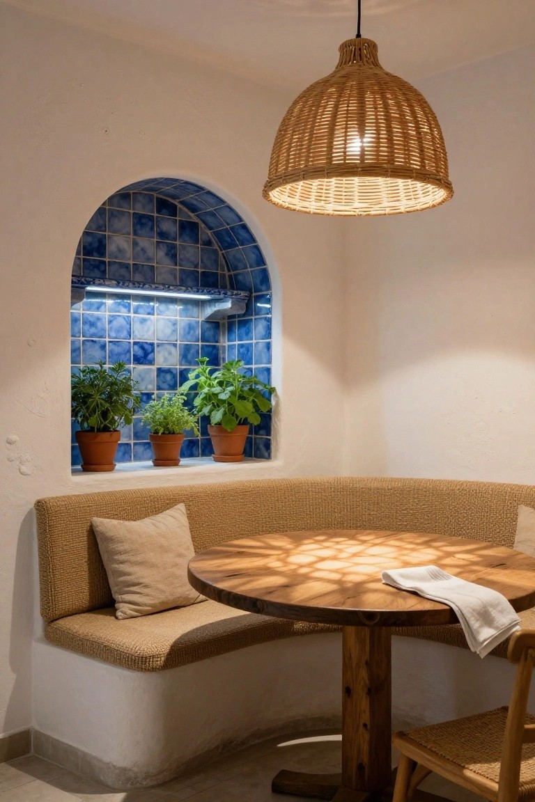 White-walled corner room with built-in beige rattan-upholstered bench seating, round wooden table with white napkin, two rattan chairs, beige pillows, potted herbs in blue-tiled arched window niche with LED strip light, and large woven rattan pendant lamp overhead.