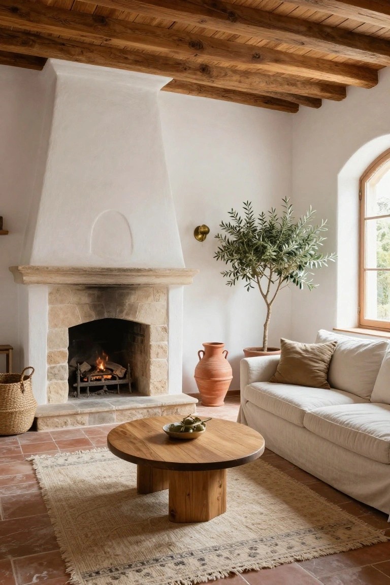 Whitewashed interior room with lit stone fireplace, wooden ceiling beams, cream sofa, potted olive tree, terracotta tile floor, and round wooden coffee table.