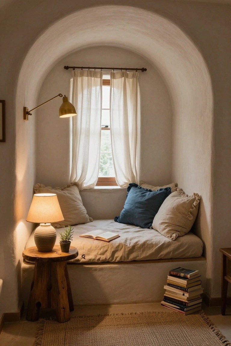 Arched whitewashed indoor alcove with built-in cushioned bench, pillows, open book, table lamp and plant on wooden stool nearby, stack of books on another stool, wall lamp above window with sheer curtains.