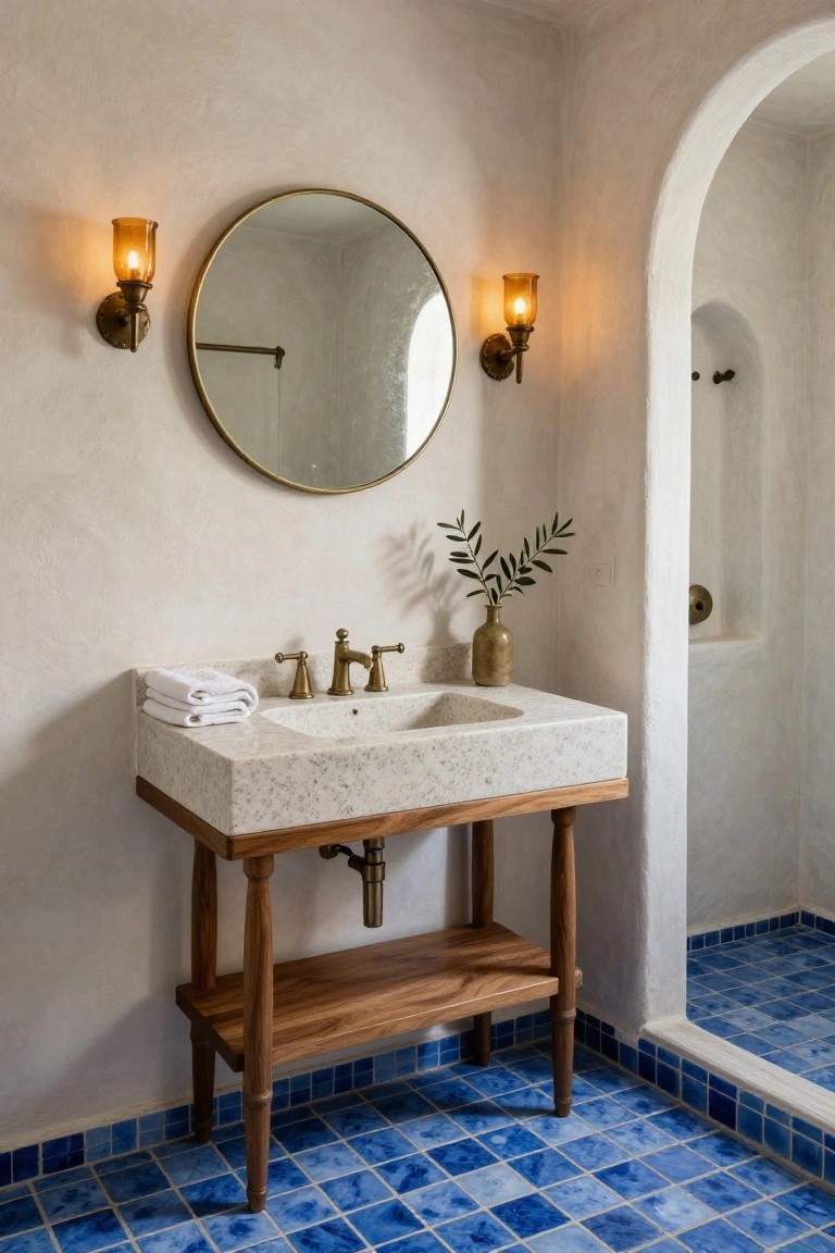 Bathroom interior with wooden vanity holding white stone sink, large round gold mirror flanked by paired amber glass wall sconces, olive branches in vase, white towel stack, and arched white shower entry on blue hand-painted tile floor.