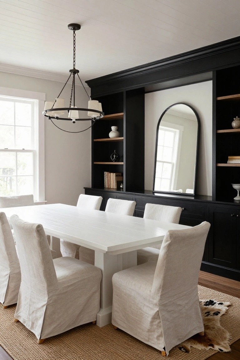 Dining room with white rectangular planked table and six white linen slipcovered chairs, black built-in cabinetry with wood shelves and arched black mirror on the wall, brass chandelier overhead, seagrass rug on hardwood floor.