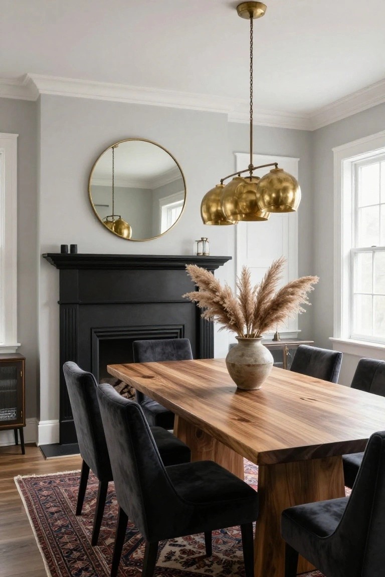 Dining room with matte black fireplace mantel topped by pampas grass in a terracotta vase, rectangular live-edge wood table surrounded by black velvet chairs, four-shade brass chandelier overhead, round brass mirror on gray wall, black credenza, and red-and-black oriental rug on wood floor.