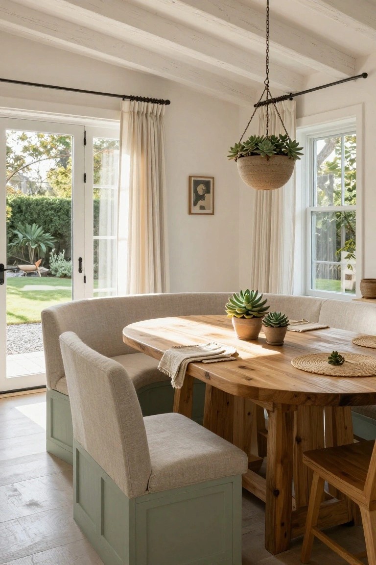 Dining room featuring a curved beige upholstered banquette with green bases around an oval wooden table, potted succulents on the table, large French doors open to a garden, sheer curtains, and a hanging plant from the beamed ceiling.