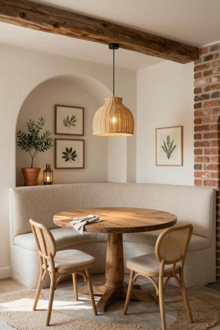 Curved beige upholstered bench seating in a dining nook around a round wooden table with two rattan chairs, against a white arched wall with exposed brick, plants, and a woven pendant light.