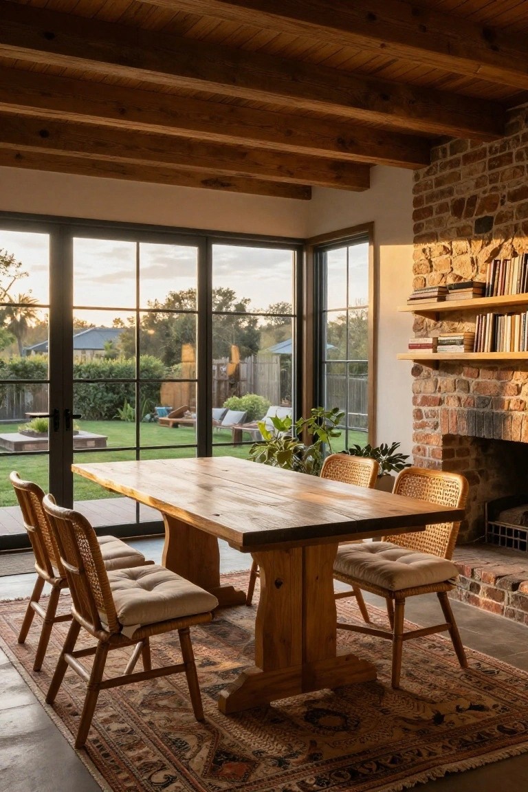 Dining room interior with exposed wooden ceiling beams, rectangular wooden table, four rattan chairs with cushions, brick fireplace wall, large black-framed sliding glass doors to garden, and patterned rug on concrete floor.
