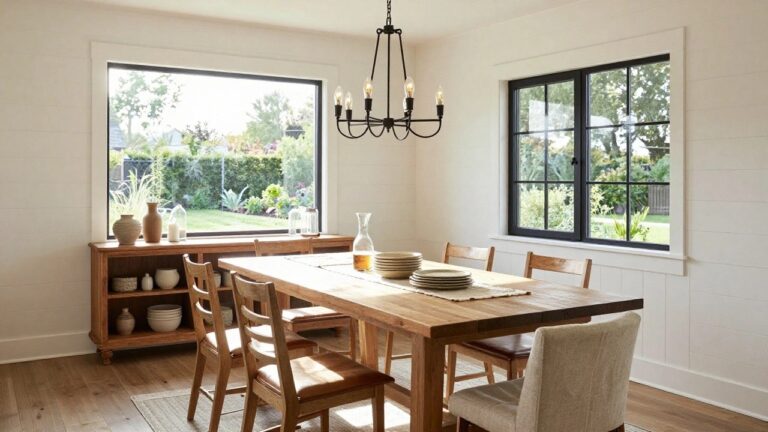 Modern farmhouse dining room with large wooden trestle table, mix of wooden chairs and bench, black metal chandelier, white shiplap walls, wooden sideboard, and large black-framed windows overlooking backyard garden.