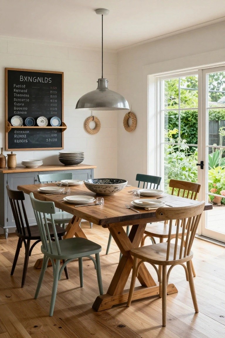 Dining room featuring a wooden trestle table with mixed chairs in greens and natural wood tones, set plates and bowls, blackboard menu on wall, and view of garden through glass doors.