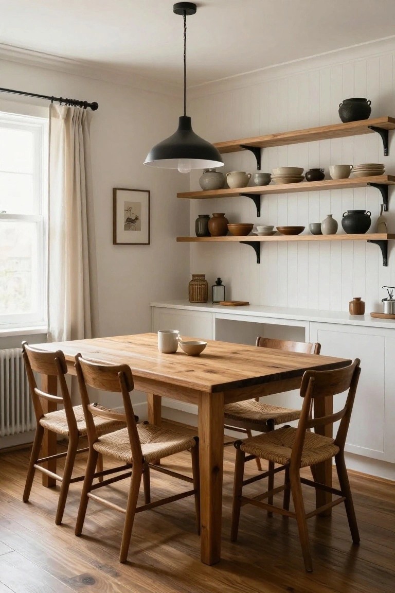 A dining room with a rectangular wooden table and four wooden chairs with woven seats, open floating wooden shelves displaying assorted ceramics and pottery on white paneled walls, a black pendant light overhead, and a window with beige curtains.