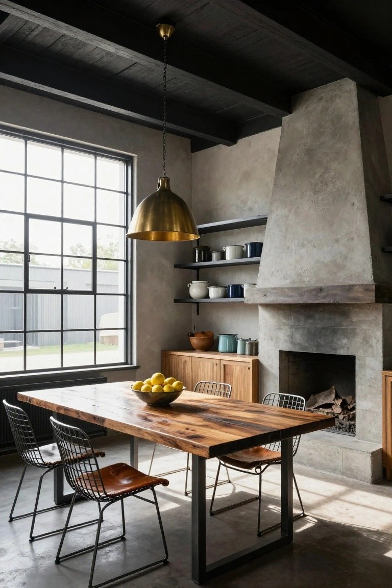 Dining room with long reclaimed wood table on black metal legs, four wire mesh chairs with tan leather seats, concrete fireplace and walls, black beam ceiling, open shelves with pottery, and large industrial window letting in light.