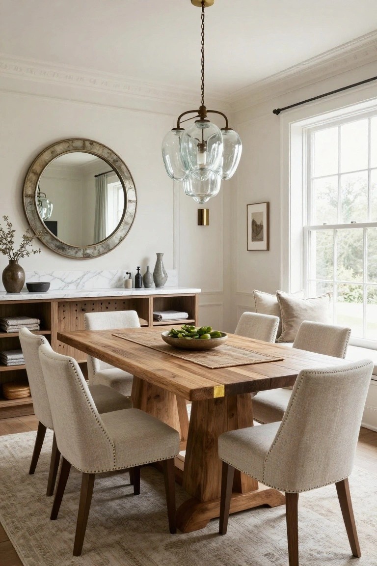 Dining room featuring a large rectangular wooden trestle table with beige upholstered chairs, a marble-topped sideboard with bookshelves, a large round antiqued mirror, glass pendant light, and a window with natural light.