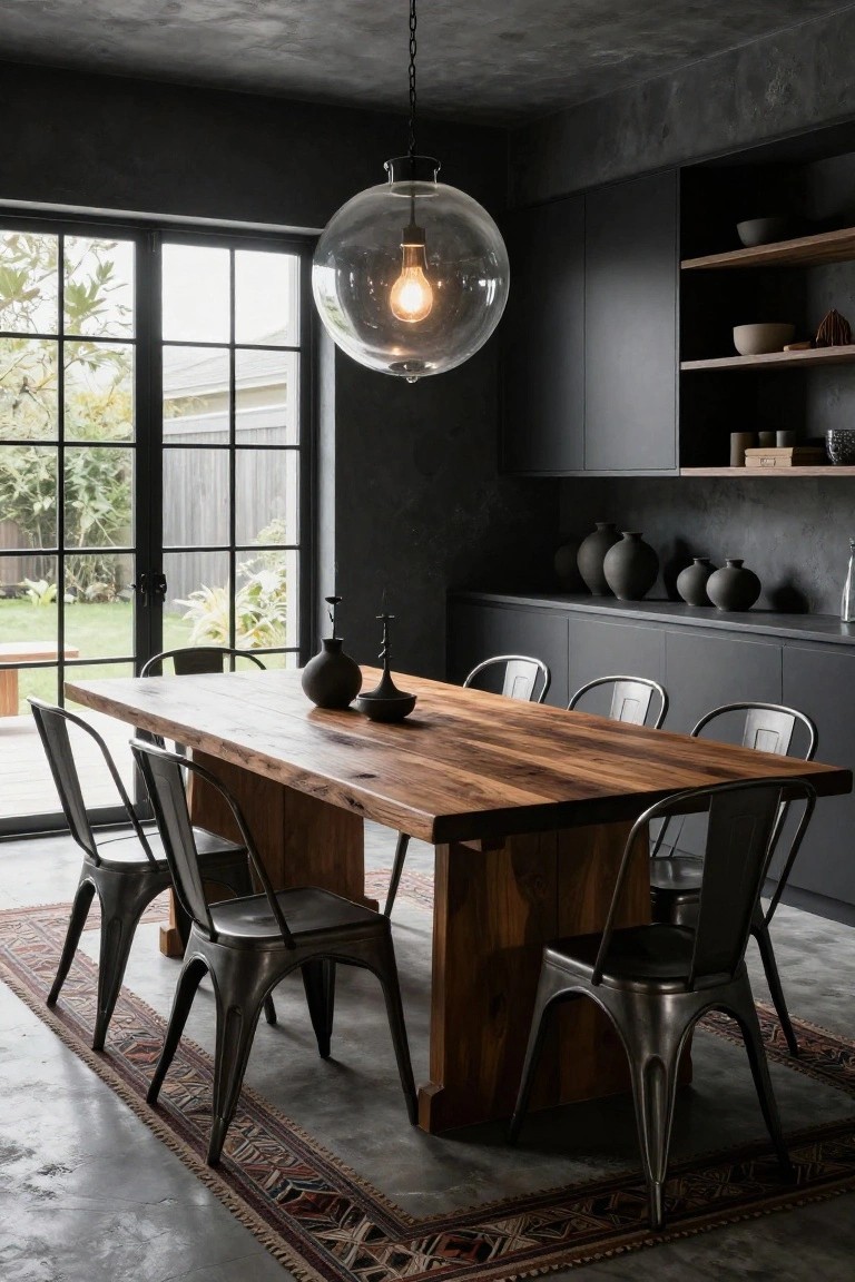 Dining room with long rectangular reclaimed wood table, eight black metal chairs, black cabinets and shelves holding pottery, large clear glass pendant light, and sliding glass doors to garden view.