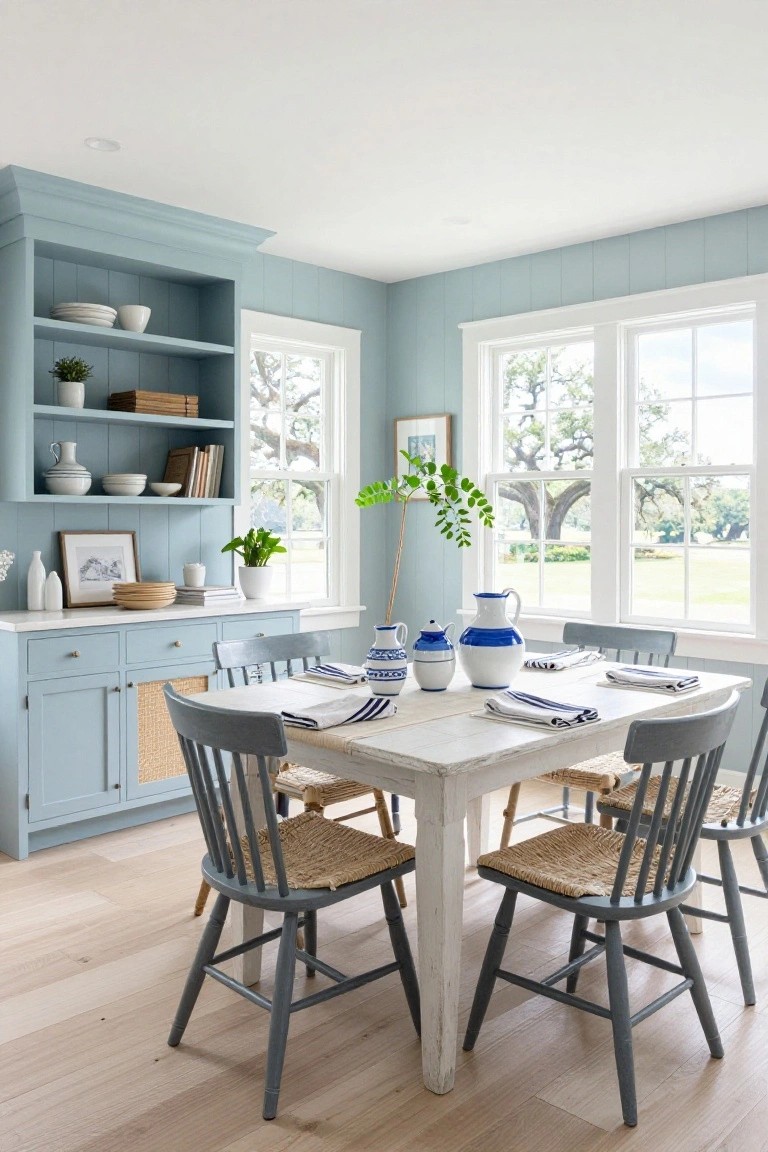 Dining room with light blue shiplap walls and cabinets, open shelving holding white dishes and blue ceramics, white wooden table with blue napkins and rattan-backed chairs, large white-framed windows overlooking oak trees and green yard, light oak floors.