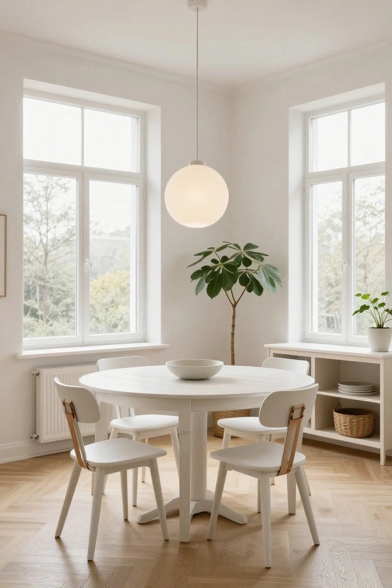 Bright corner dining room with round white table, four white chairs with tan leather straps, large white bowl on table, ficus tree, white sideboard, double windows overlooking trees, oak herringbone flooring, and white pendant lamp.