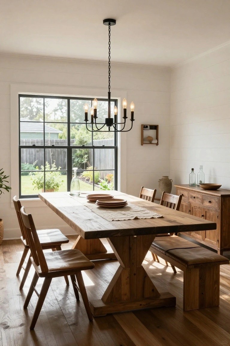 Modern farmhouse dining room with large wooden trestle table, mix of wooden chairs and bench, black metal chandelier, white shiplap walls, wooden sideboard, and large black-framed windows overlooking backyard garden.