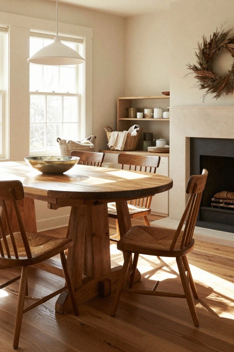 Beige interior dining room with round wooden pedestal table, four wooden chairs with rush seats, open wooden shelves stocked with pottery and baskets, large windows, and a black fireplace.