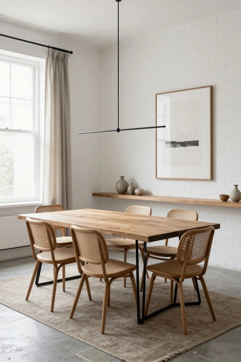 A rectangular wooden dining table with black metal legs and six rattan chairs on a beige rug in a white-walled room with a large window, floating wood shelves holding pottery, and an abstract framed artwork on the wall.