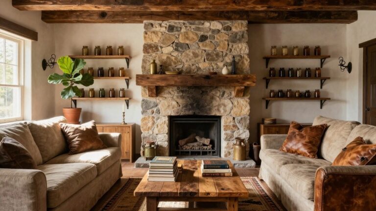 Cozy living room interior with a tall stone fireplace under a thick wooden mantel, flanked by floating shelves with jars and books, a white sofa, leather armchair, wooden coffee table, and potted plants.