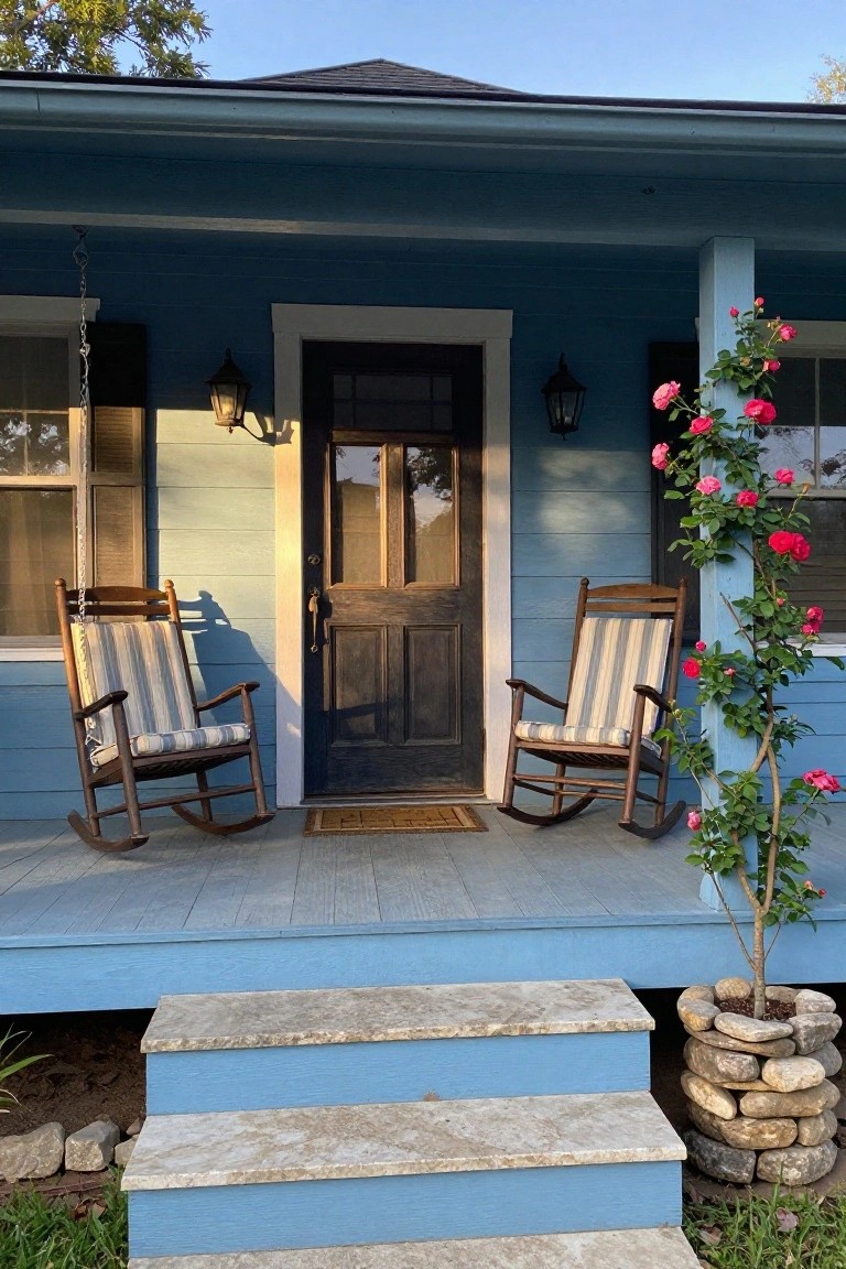Blue clapboard house with dark wood front door centered on porch flanked by two wooden rocking chairs with beige and white striped cushions, pink climbing roses on post, wall lanterns, doormat, potted plant, and stone steps leading to wooden deck.