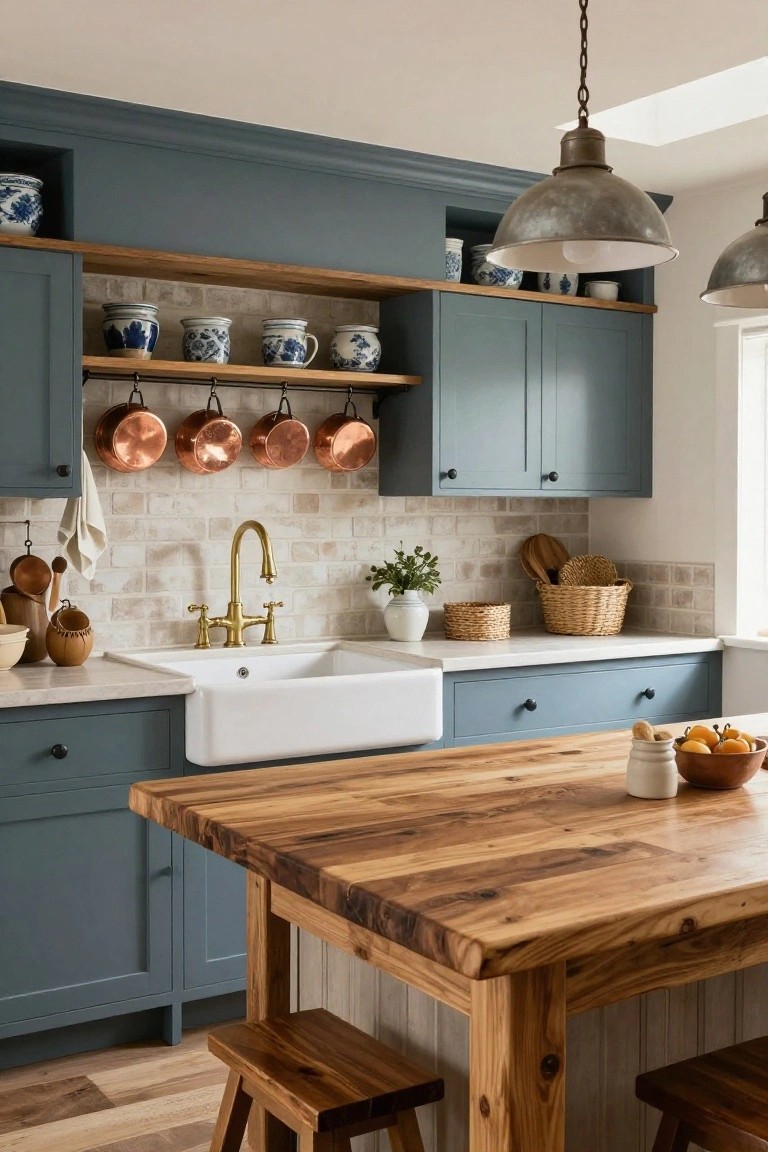 Rustic kitchen with navy blue shaker cabinets, white farmhouse sink, brass faucet, hanging copper pots, wood open shelves displaying blue and white pottery, and a wooden island with stools.