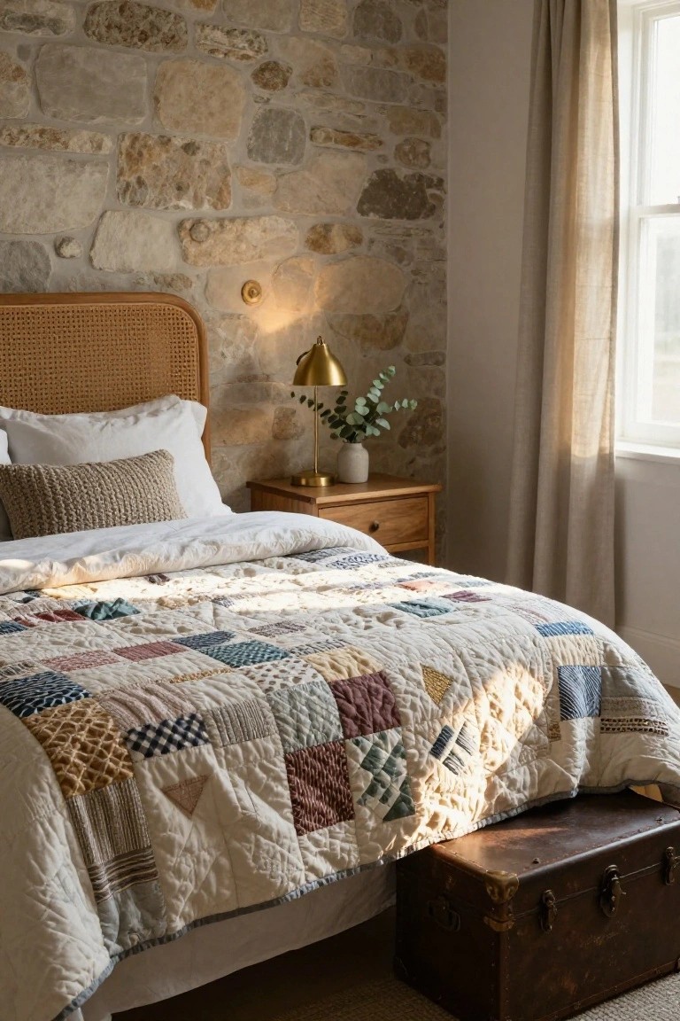 Bedroom interior featuring exposed stone walls, a rattan headboard bed with white sheets and a multicolored patchwork quilt, wooden nightstand with brass lamp and eucalyptus, linen curtains on window, and brown leather trunk at bed's foot on rug.