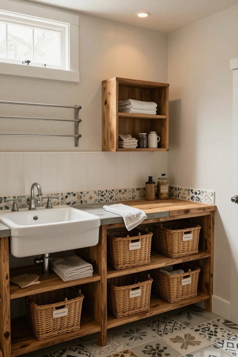 Rustic bathroom with white farmhouse sink on wooden vanity featuring open shelves and wicker baskets for storage, wooden wall shelves with towels and jars, stainless towel rail, and colorful tiled backsplash.