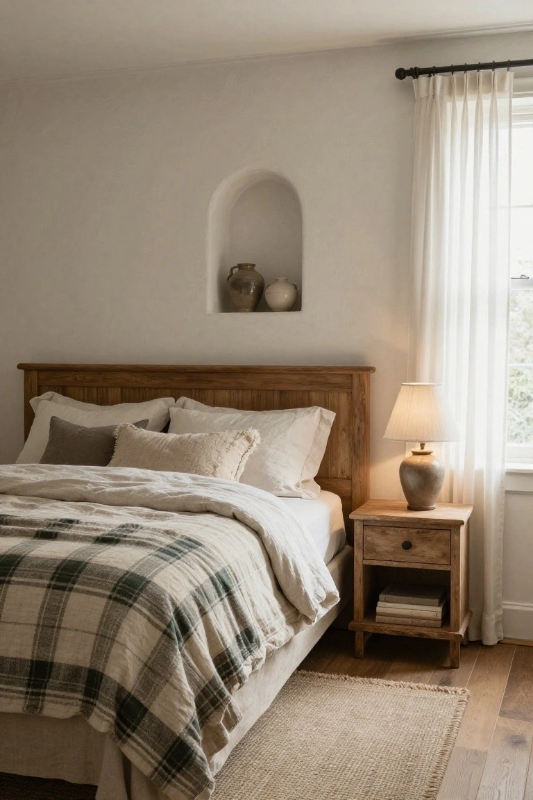 Bedroom interior with wooden bed frame and headboard, layered white pillows and sheets with plaid linen blanket, wooden nightstand holding lamp and books, arched wall niche with pottery, sheer curtains on window, seagrass rug on hardwood floor.