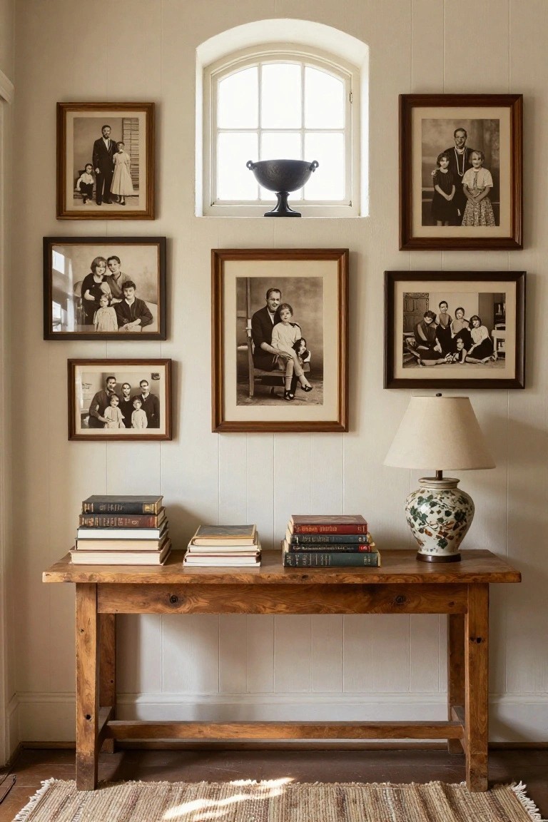 Rustic wooden console table with stacked books, a white lamp, and a green vase in a white paneled hallway under a gallery wall of black-and-white family photos in wooden frames and beside an arched window.