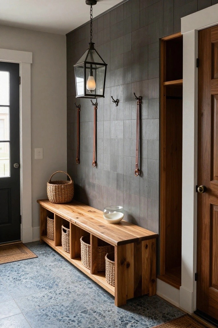 Interior view of an entryway with a wooden bench featuring cubbies filled with woven baskets, leather-strapped hooks on a dark gray tiled wall, a built-in wooden closet, blue patterned tile floor, and a dark front door.