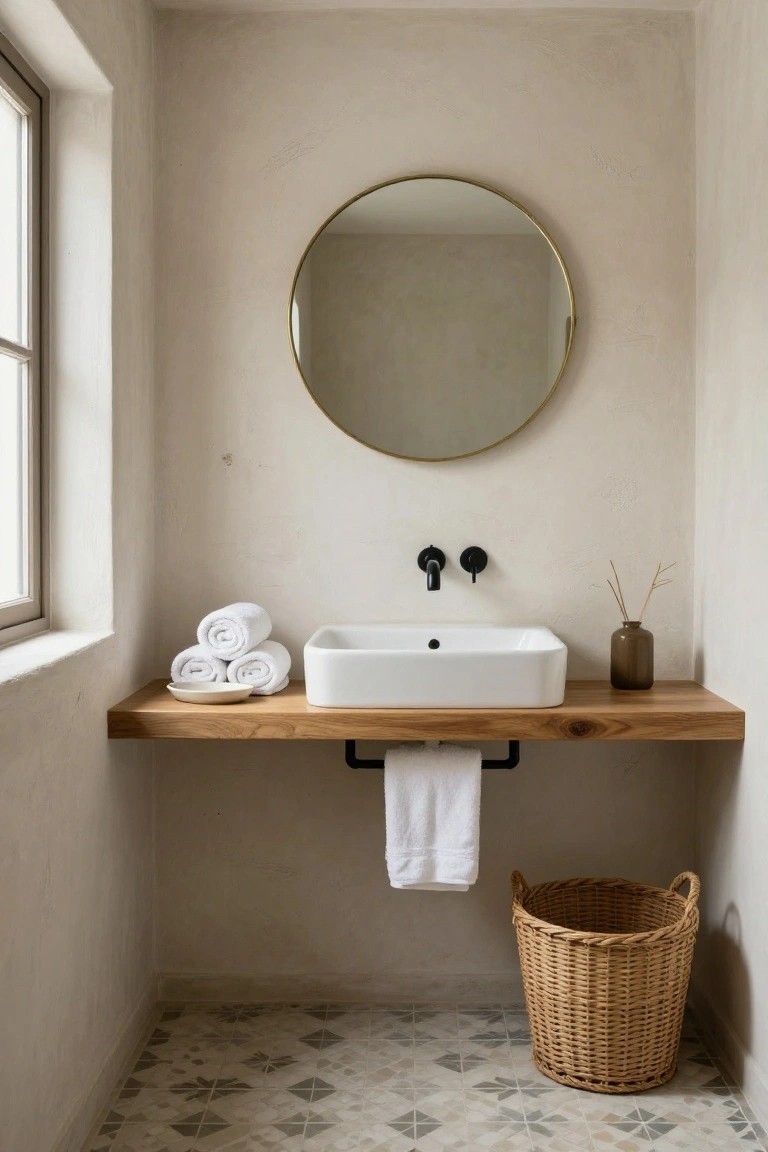 A minimalist bathroom with beige textured plaster walls, a large round gold mirror, white rectangular sink on a floating oak wood shelf, stacked white towels, a hanging towel on a black bar, brown ceramic vase with branches, and wicker wastebasket on gray patterned tile floor.
