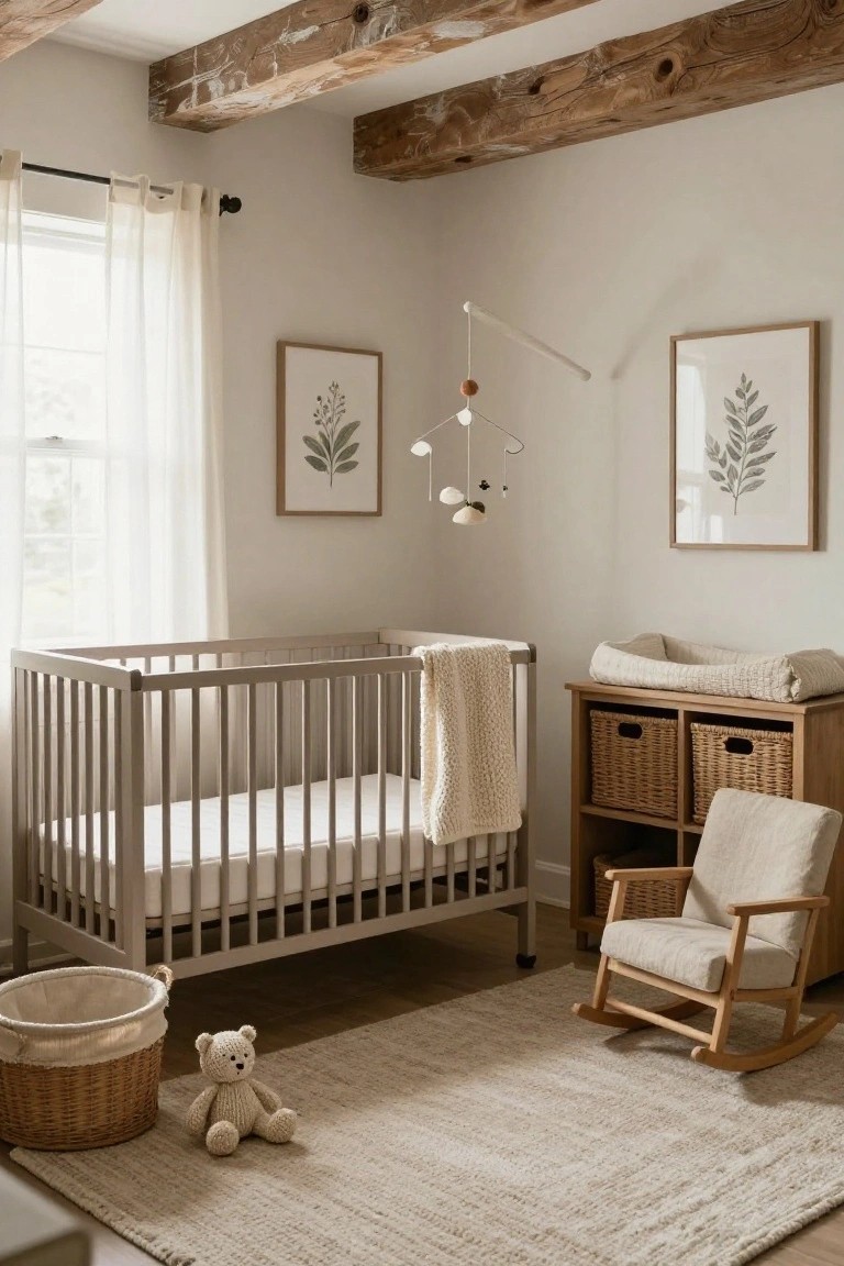 Neutral nursery room with exposed rough wooden beams on the ceiling, white crib draped in a light blanket, wooden changing table with baskets, rocking chair, teddy bear on seagrass rug, and botanical prints on walls.