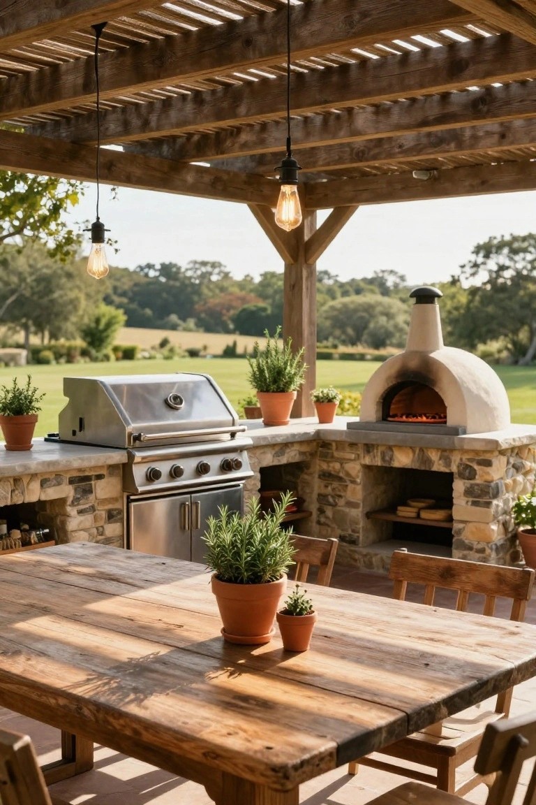 Rustic outdoor kitchen under a wooden pergola with stainless steel grill on stone counters, wood-fired pizza oven, potted herbs, wooden dining table, and chairs.