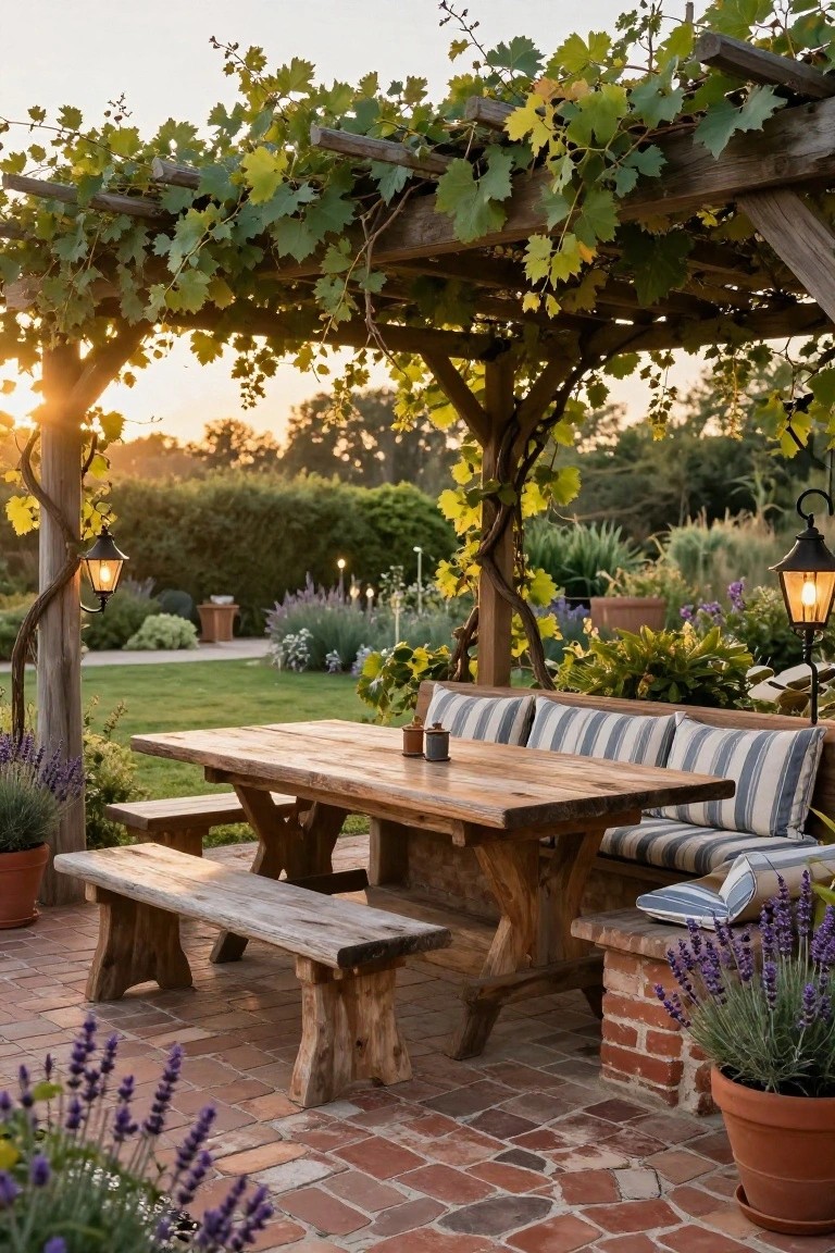 Wooden pergola covered in green grapevines shading a long rustic dining table with benches and blue-striped cushions on a brick patio, surrounded by lavender plants, lanterns, and garden beds at sunset.