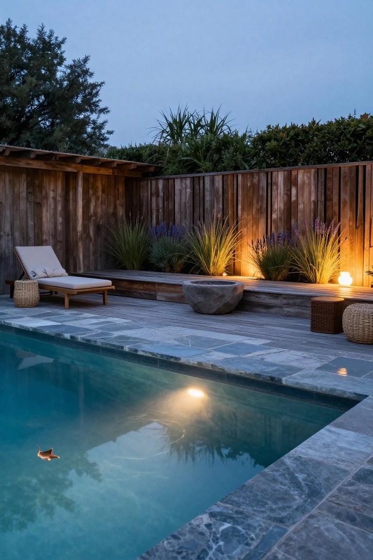 Dusk-lit turquoise pool with adjacent rustic wooden deck platform, beige lounge chair, woven stools, stone bowl planter, uplit grasses and lavender plants, wooden fence, and slate tile edging.
