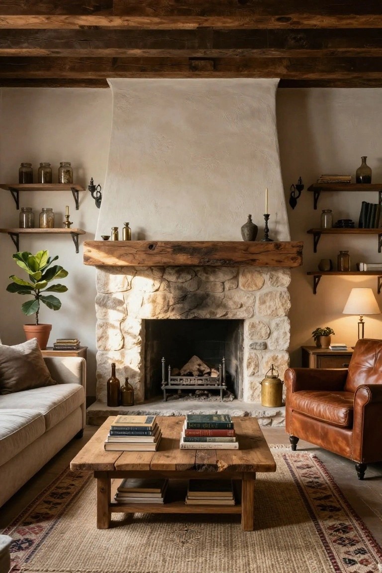 Cozy living room interior with a tall stone fireplace under a thick wooden mantel, flanked by floating shelves with jars and books, a white sofa, leather armchair, wooden coffee table, and potted plants.