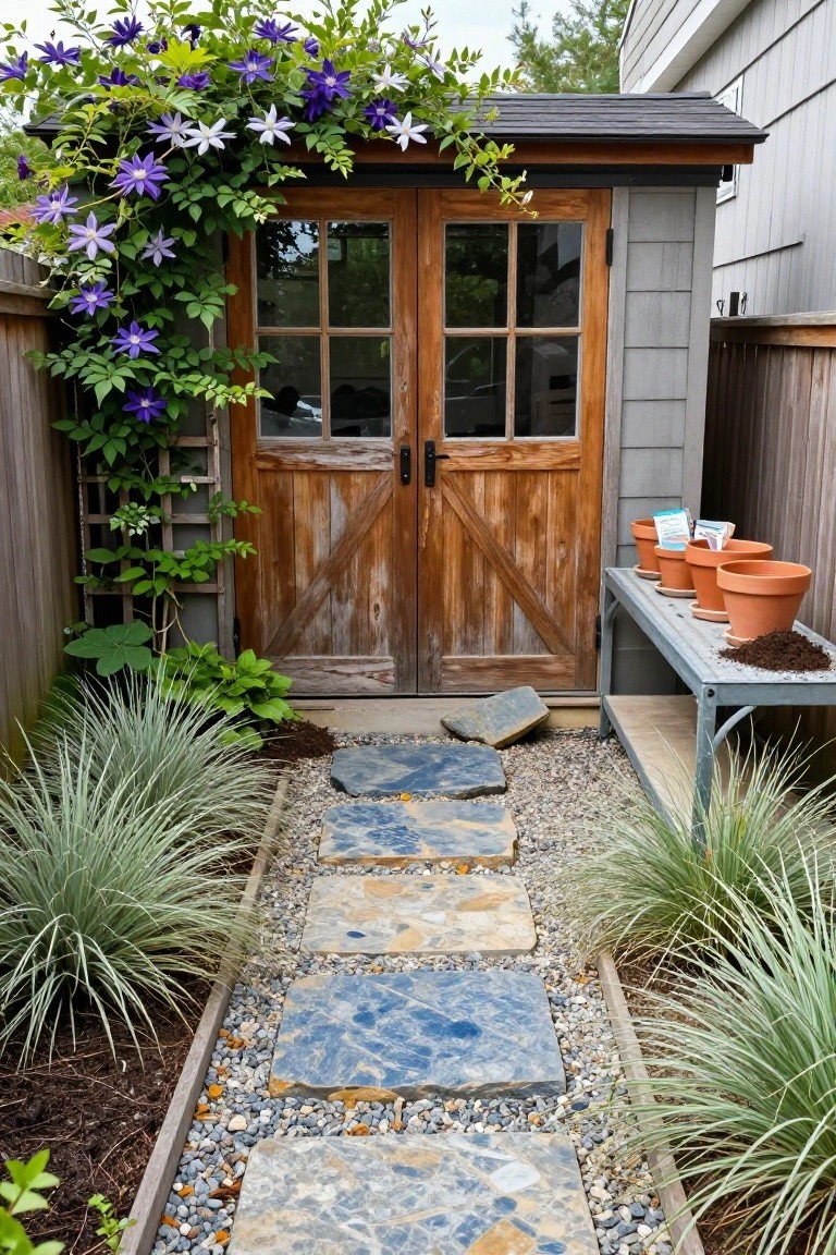 Narrow gravel path with irregular blue-gray stone slabs leading to a wooden garden shed overgrown with purple clematis vines, flanked by ornamental grasses and potted plants on a metal bench beside a fence.