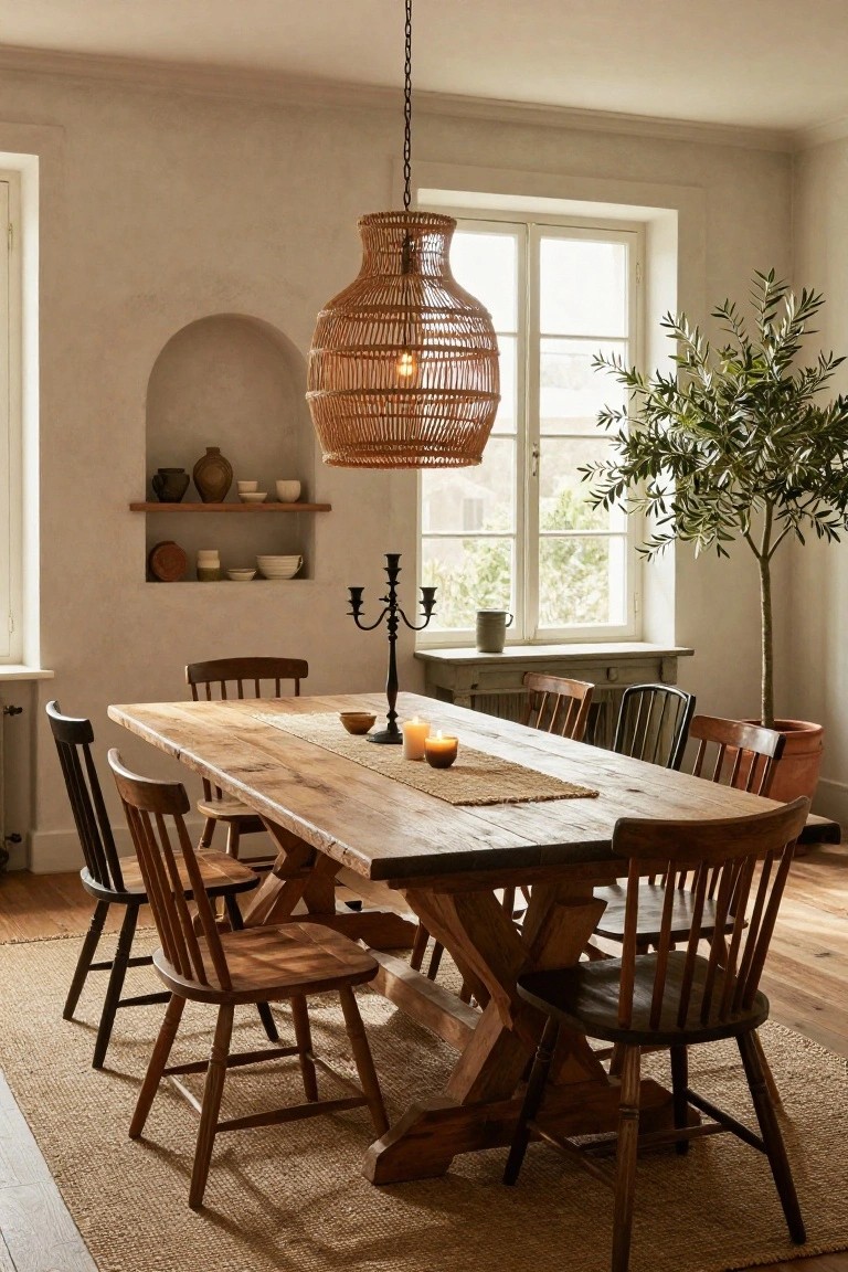 A dining room with a long wooden trestle table on X legs surrounded by mixed wooden spindle-back chairs, rattan pendant light overhead, niche shelf with pottery, candles and runner on table, olive tree by window, neutral plaster walls.