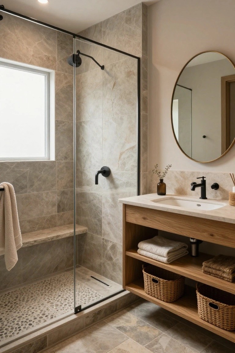 Bathroom interior with glass shower enclosure featuring pebble stone floor and bench, wooden vanity cabinet with open shelves storing towels and wicker baskets, round gold mirror, black faucets, and light gray stone tile walls and counter.