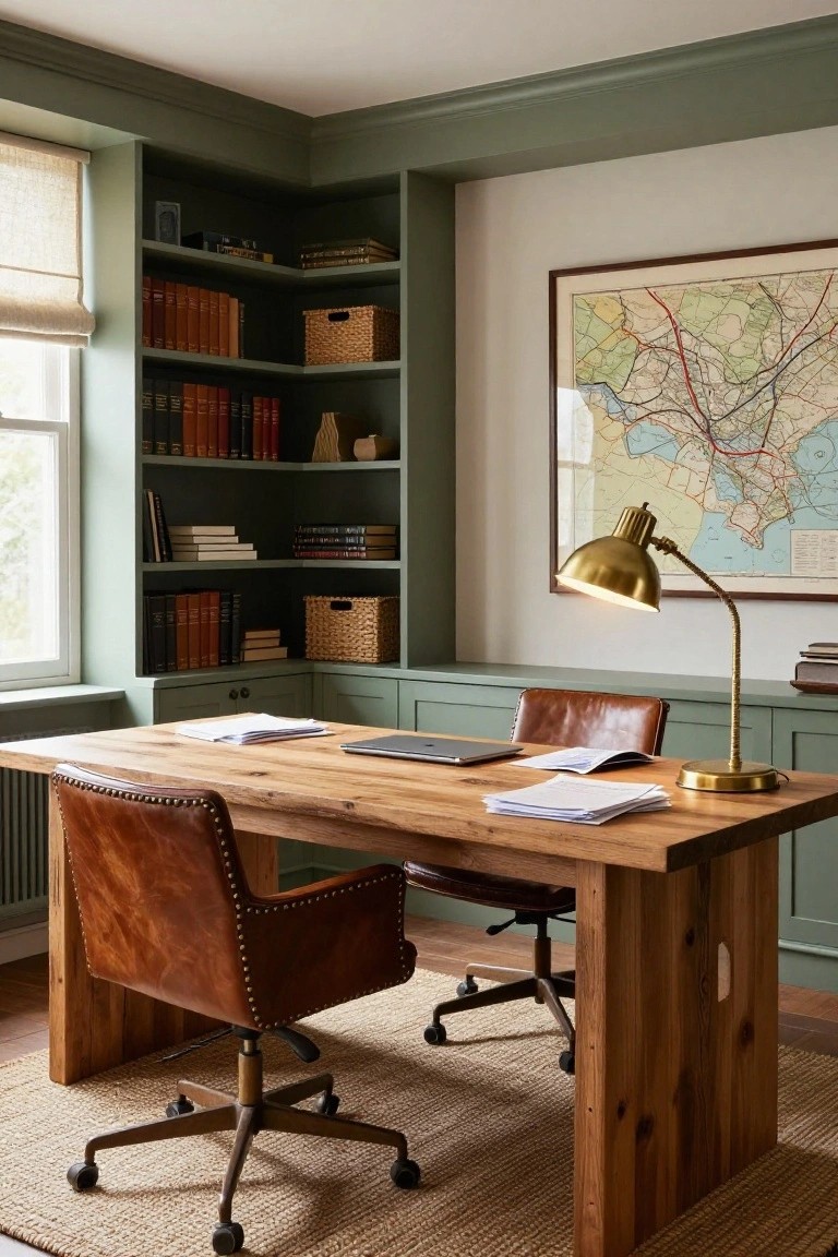 Corner home office with sage green built-in bookshelves and cabinets along two walls, rustic wooden desk topped with papers and laptop, two leather armchairs, brass gooseneck lamp, and framed vintage map on wall beside window with linen shade.