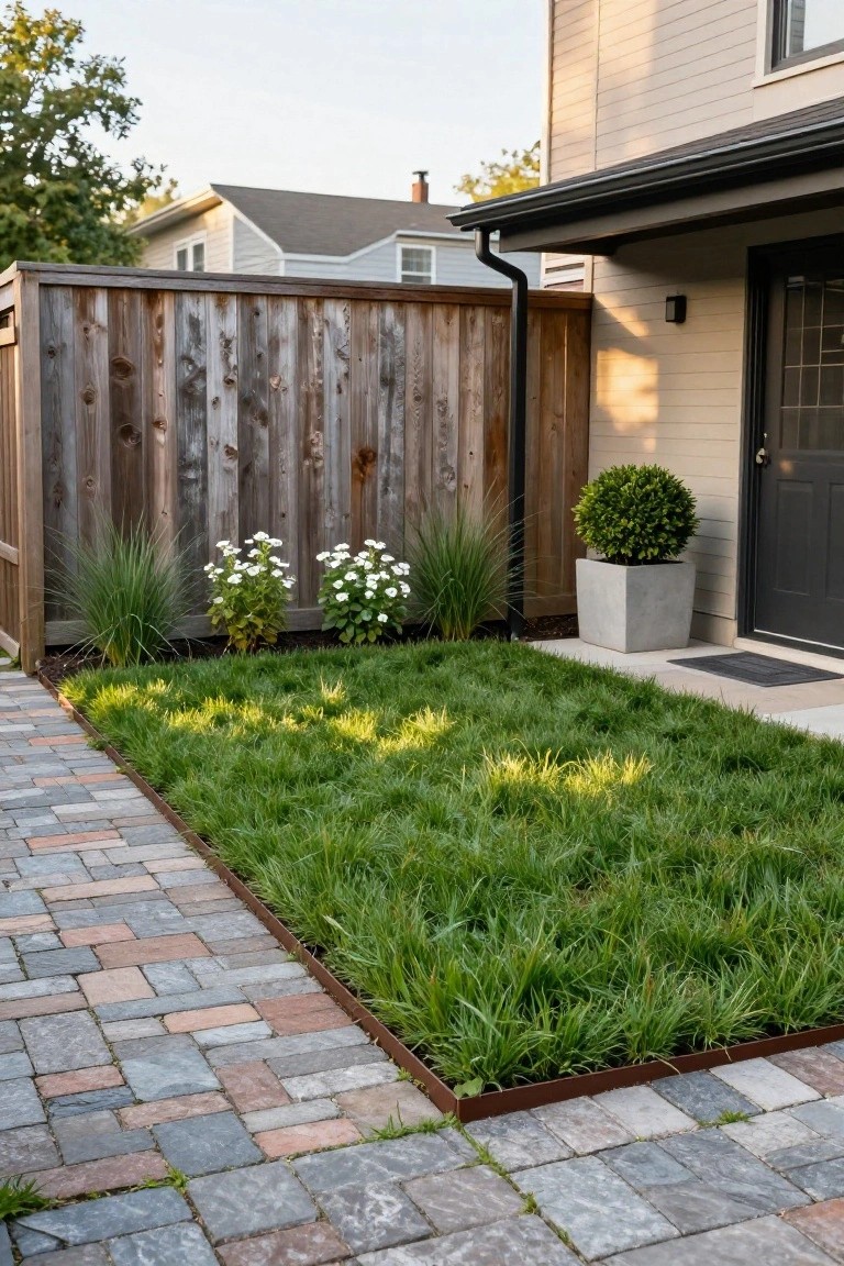 Side yard with brick pathway along a rectangular lawn edged in rusted steel, ornamental grasses and white-flowering shrubs near a wooden fence and beige house exterior with black door.