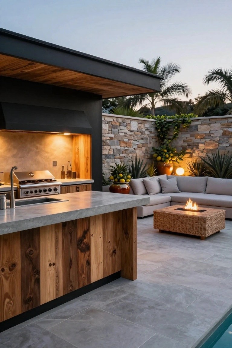 Outdoor kitchen island with concrete countertop and vertical wood plank sides, stainless steel grill and sink, built against a stone wall with plants, near gray L-shaped sofa, rattan fire table, and pool on tiled patio at dusk.