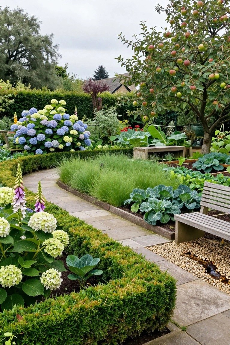 A curved stone pathway winds through a formal garden with boxwood hedges, hydrangeas, foxgloves, vegetable beds including cabbage, a wooden bench, and an apple tree in the background.