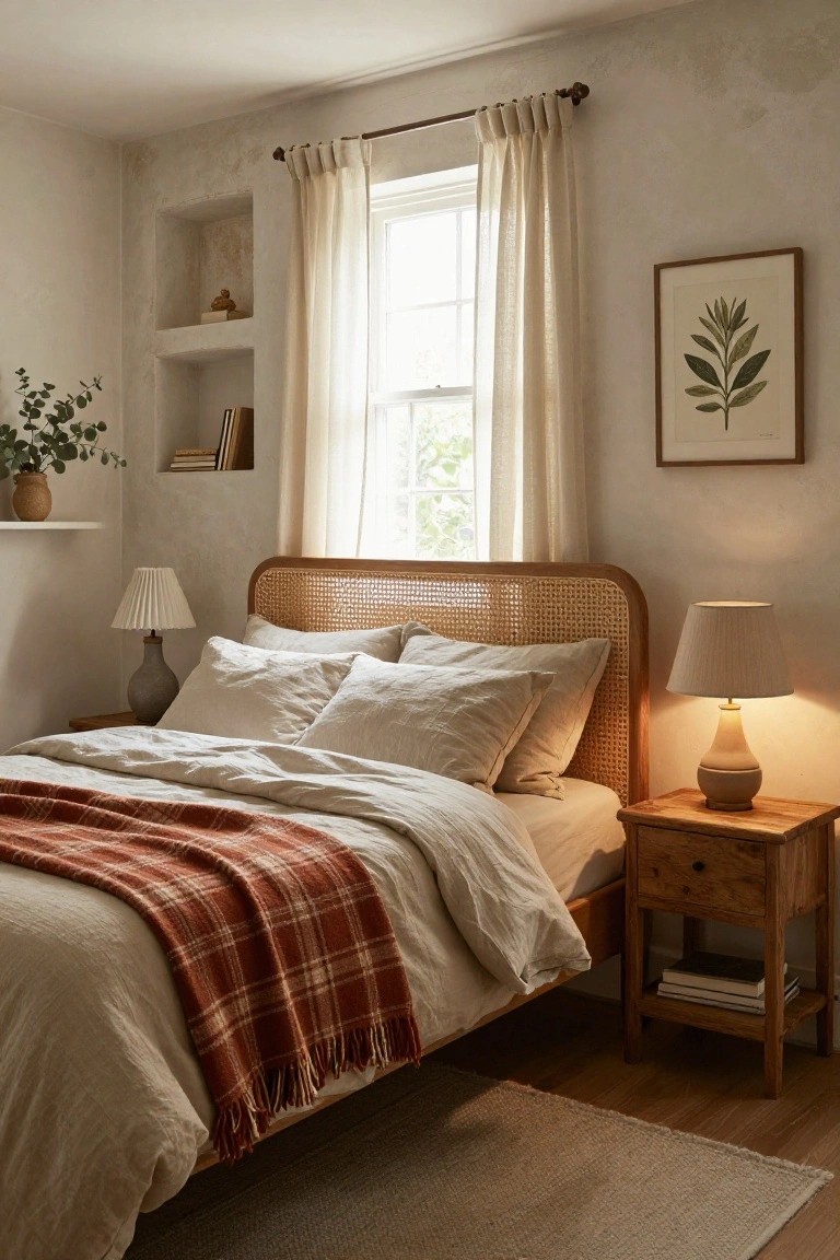 Bedroom with rattan cane headboard on wooden bed frame, white linen bedding topped by red plaid throw, ceramic lamps on matching wooden nightstands, sheer curtains at window, and niche shelves with plants on textured plaster wall.
