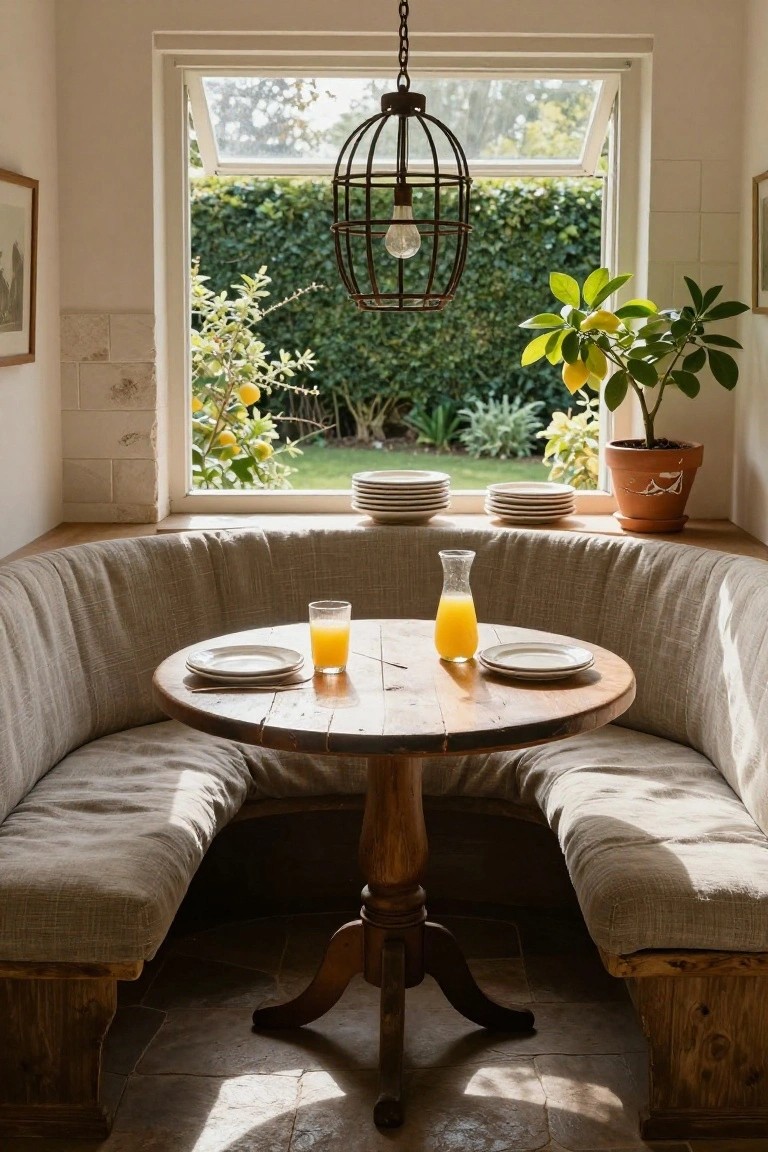 Rustic kitchen nook with curved built-in beige linen banquette seating around a wooden round pedestal table set with white plates and glasses of orange juice, large window overlooking garden with lemon trees and potted plants, hanging cage light fixture.