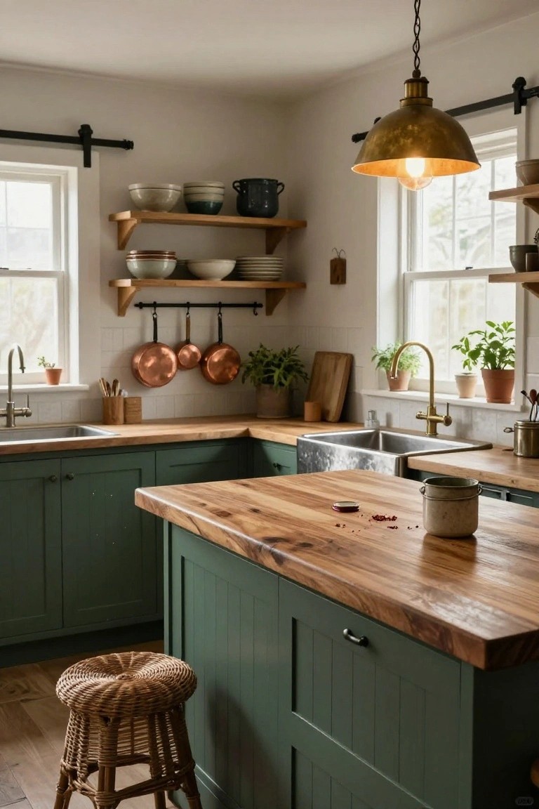 A cozy kitchen corner with dark green shaker-style cabinets, thick wooden countertops on an island, hanging copper pots, brass faucet over a farmhouse sink, open shelves with pottery, and potted plants near white-framed windows.