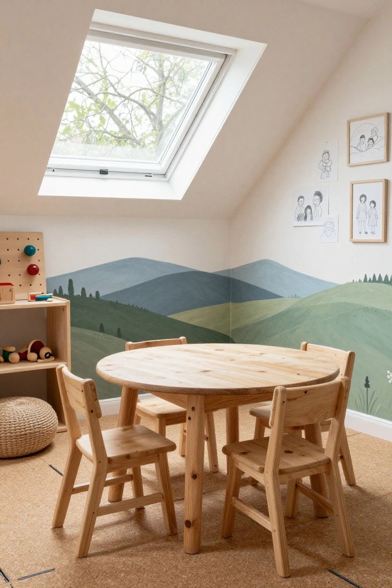 Attic children's playroom with sloped white ceiling and skylight, round natural wood table with four small wooden chairs, wooden shelving unit holding toys, red pegboard, large painted mural of green hills and trees on one wall, beige cork flooring, and pouf stool.