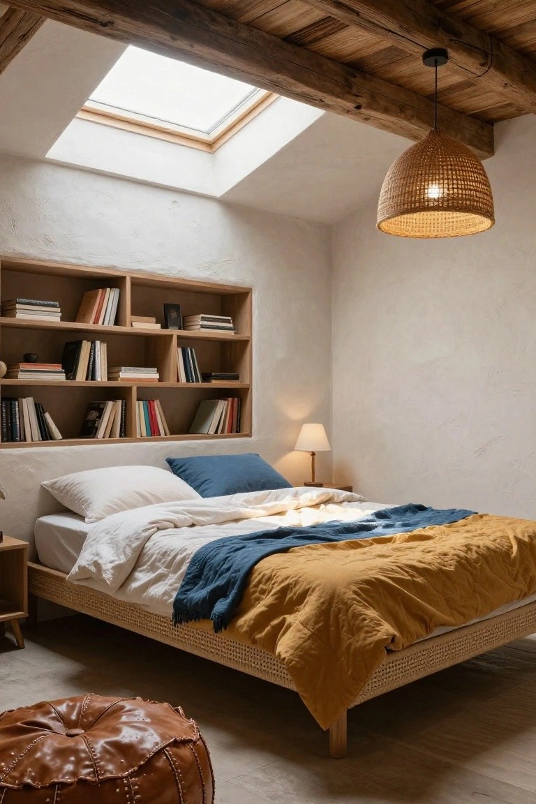 Cozy bedroom with exposed wooden ceiling beams, skylight, built-in wooden bookshelves on white textured walls, rattan bed frame with white sheets and colorful layered blankets and pillows, woven pendant light, table lamp on side table, and orange leather pouf on wooden floor.