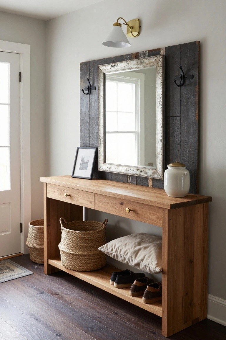 Wooden console table in a light gray entryway with drawers, seagrass baskets and shoes on the lower shelf, large framed mirror above flanked by hooks, white door and wall sconce nearby.